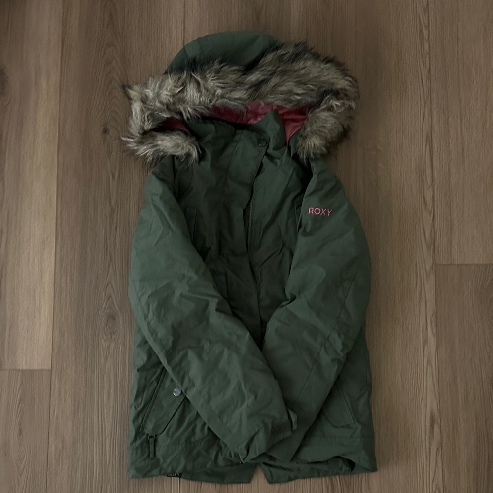 Roxy Girl’s Olive Green ski/Snowboarding Jacket with Faux Fur Hood
